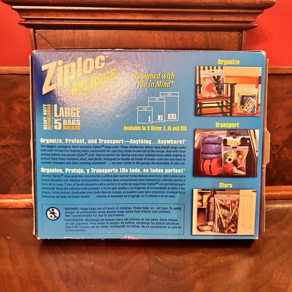 Ziploc Big Bags Large‎ 3 Gallon Storage Bags Double Zipper Heavy Duty 5 Ct New